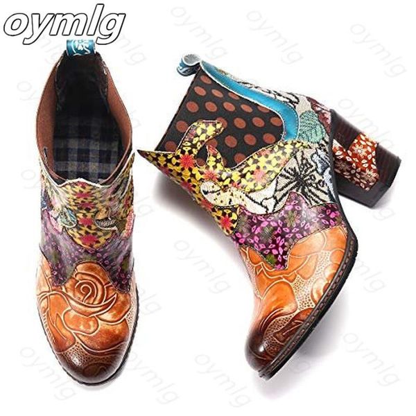 

boots vintage leather printed ankle for women shoes retro block high heels winter antumn 2021 fashion booties, Black