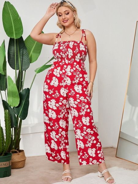 

plus floral print shirred tie shoulder wide leg cami jumpsuit x4k6#, Black