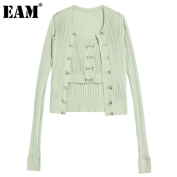 

[eam] casual buckle knitting cardigan sweater loose fit round neck long sleeve women fashion spring summer 1dd8489 21512, White