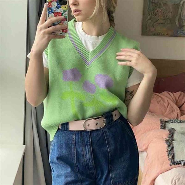 

casual woman loose embroidery v neck knitted vest spring fashion ladies sotf oversized tank girls colorful sweet 210515, Black;white