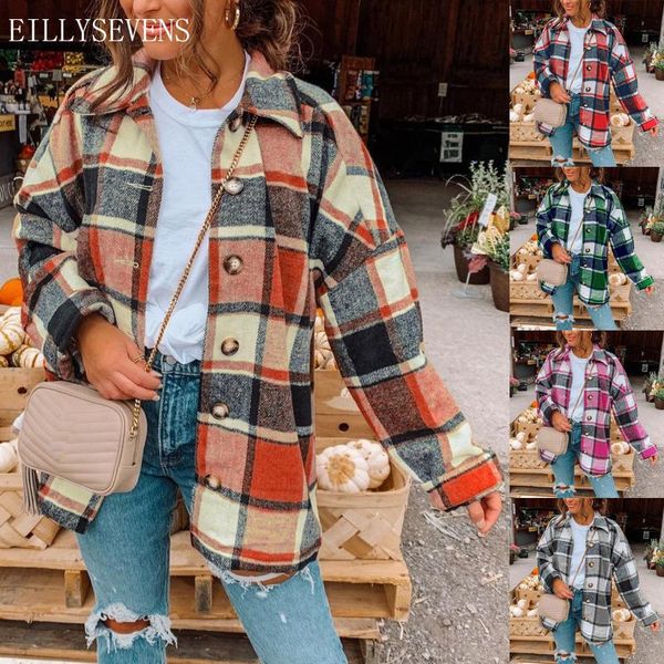 

women's wool & blends 2021 autumn winter plaid jacket blend coat fashion pastoral style casual button design warm overshirt ladies, Black