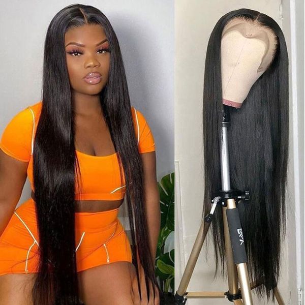 

miss black brazilian glueless straight 13x4 lace front human hair wigs 32 34 36 38 inch pre-plucked baby for women, Black;brown