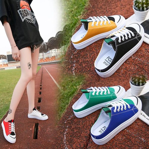 

women heelless slippers round toe mixed colors lace-up stylish cool mules slip-on soft casual outdoor slipper, Black