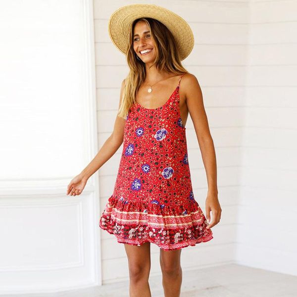 

casual dresses summer dress women 2021 boho fashion o-neck spaghetti strap sleeveless floral elegant beach mini robe femme, Black;gray