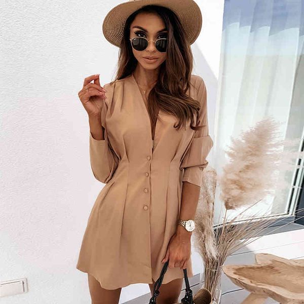 

autumn shirt dress solid v neck long sleeve button elegant office lady work mini dresses spring slim waist party dress 210507, Black;gray