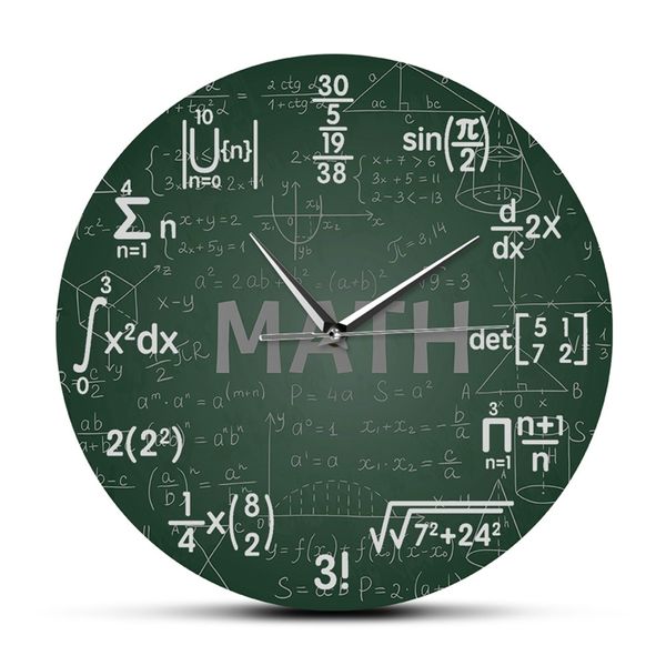 Green Galkboard Matemática Fórmulas Relógio de Parede Pendurado Wall Watch Voltar para a Escola Science Matemática Arte Decoração Da Parede Matemática Geek Presente 210325