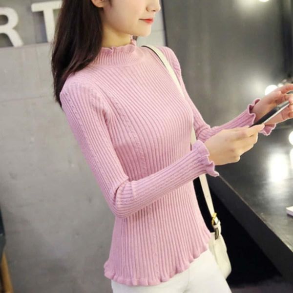 

core-spun half high neck lace sweater women autumn and winter style side lotus leaf collar bottoming pullover women's sweaters, White;black