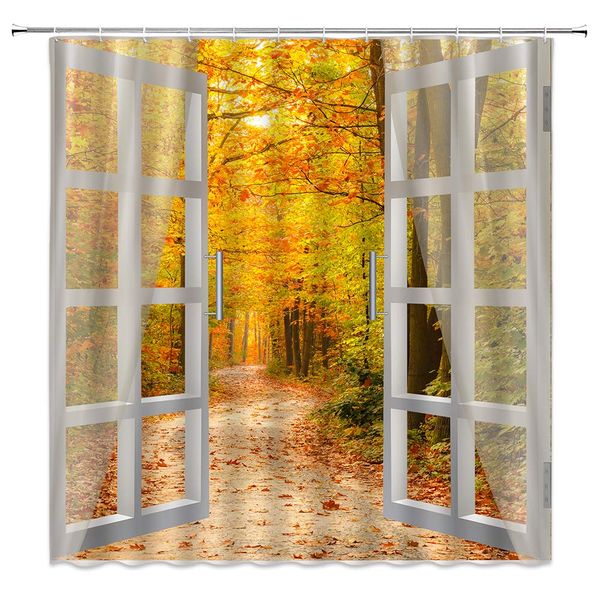 

sztnsm autumn shower curtain full beautiful natural scenery outside the window of yellow maple forest, 70x70 inch polyester