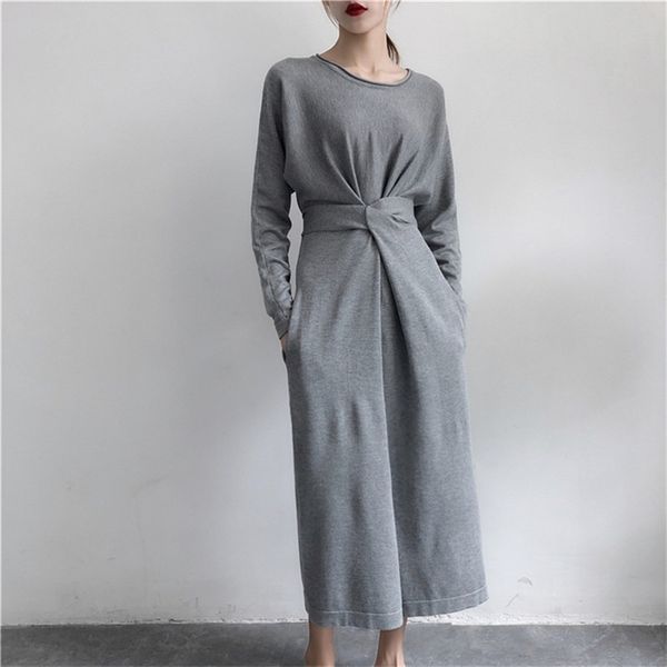 

chic fashion fall winter retro long sleeve o-neck twisted knot bandage split knitted dress graceful solid casual ladies 210602, Black;gray