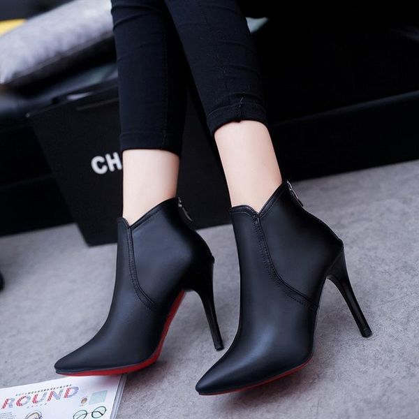 

boots women bare high heels dress shoes pointed toe black red botas mujer thin pumps woman ankle