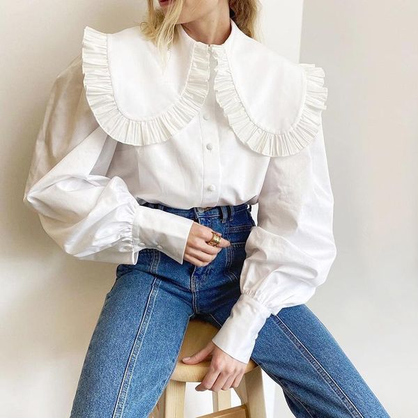 

women's blouses & shirts exaggerated doll collar lotus leaf white shirt 2021 summer long-sleeved unique personality temperament blouse