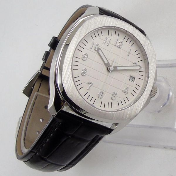 

wristwatches 40mm miyota 8215 luxury square automatic wrist watch men sapphire glass ss bracelet waterproof white dial, Slivery;brown