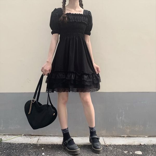 

elegant princess mini summer lolita womens dress high waist black lace plus size gothic puff sleeve party vestidos, Black;gray