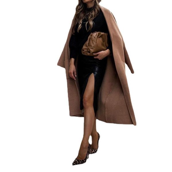 

women's wool & blends women woolen trench 2021 autumn winter solid color fashion long coat abrigos mujer invierno donsignet, Black