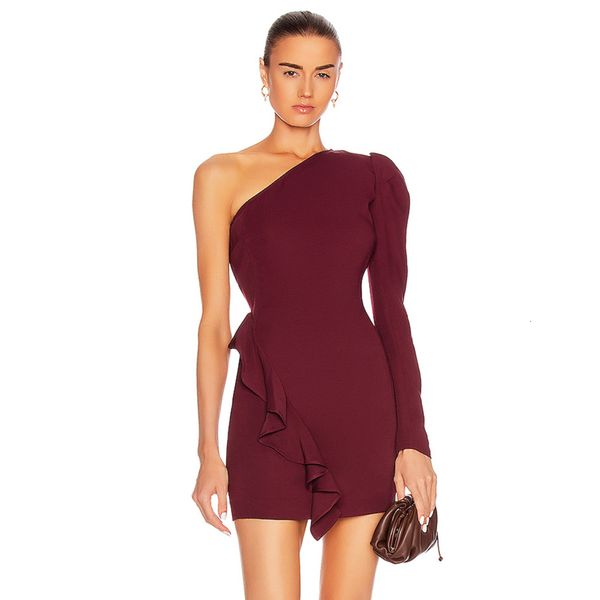 

female spring sleeve frilly shoulder burgundy bandage elegant party dress at night, Black;gray