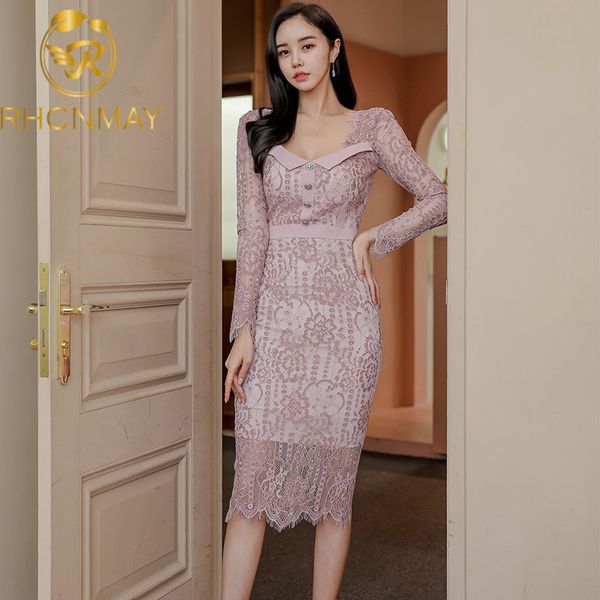 

autumn and winter new vintage v-neck lace patchwork women dress hollow out female slim frenulum package hip dress 2021swimwear bathing, Black;gray