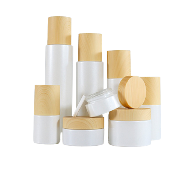 

120ml 100ml 60ml 30ml 20ml pearl white glass bottle spray lotion pump plastic wood grain cover 50g 30g 20g empty cream jar 8pcs storage bott