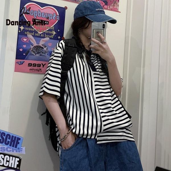 

women's blouses & shirts woman collar blouse strip mid-length harajuku short sleeve button women busas, White