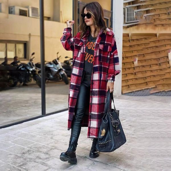 

women's wool & blends stylish red plaid women x-long single breasted autumn winter thick warm coat pockets female high street outerwear, Black