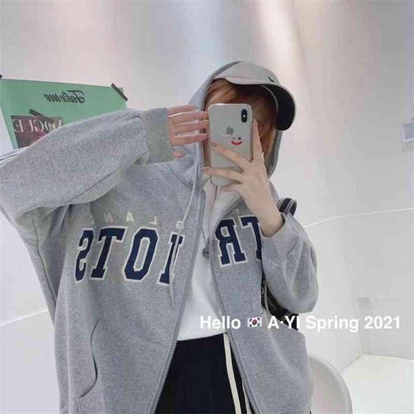 

spring new korean women's casual fashion heavy industry letter embroidery loose large hooded sweater coat 1145, Black