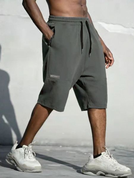 

men slogan patched detail drawstring waist shorts f2oi#, Black