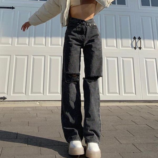 

women's jeans yiicya casual distressed ripped boyfriend summer hole high waist long denim trousers ladies fashion pants streetwear 2021, Blue