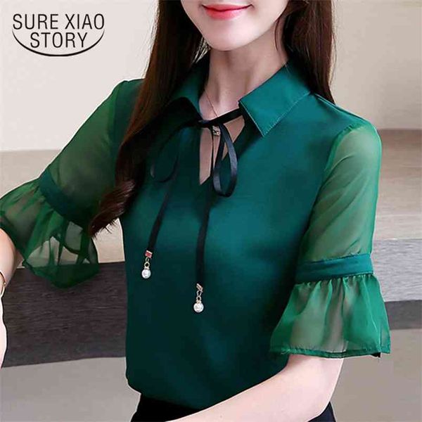 

fashion women blouses summer flare short sleeve chiffon shirt turn down collar office shirts 2868 50 210506, White