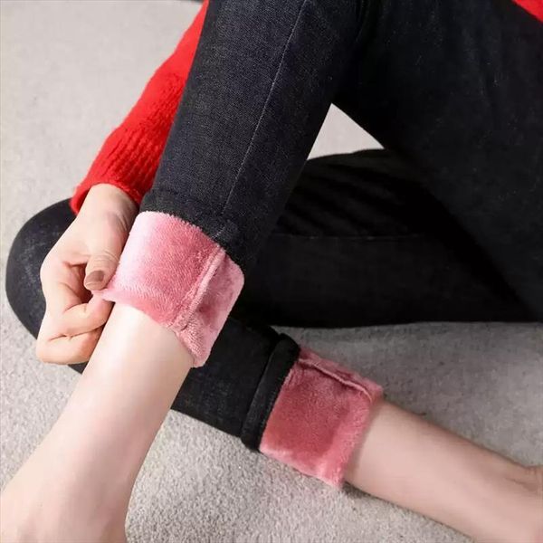 

slim elastic warm vintage femme women jean plus velvet high waist pants pencil thick skinny winter, Blue