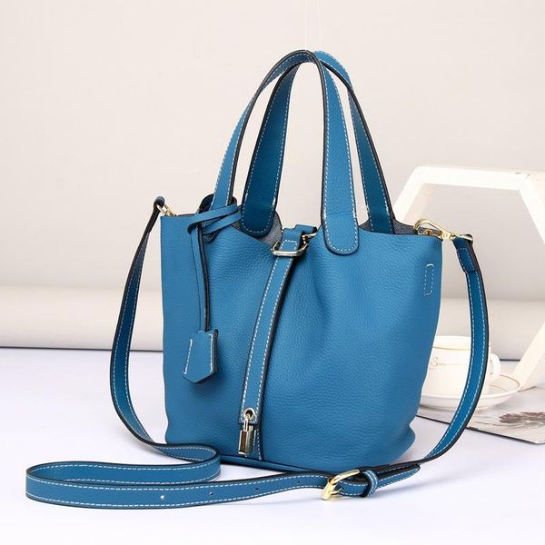 

evening bags fashion lock design blue basket bucket tote bag small full grain cowhide leather women shoulder soft ladies handbag