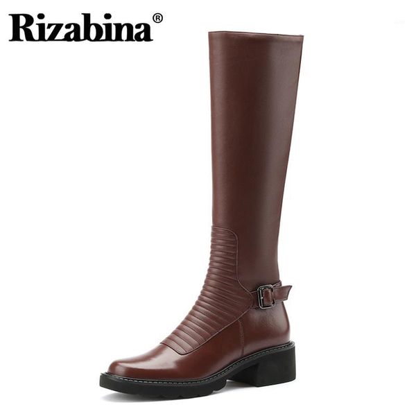 

boots rizabina women knee high real leather buckle winter long fashion cool shoes footwear size 34-391, Black