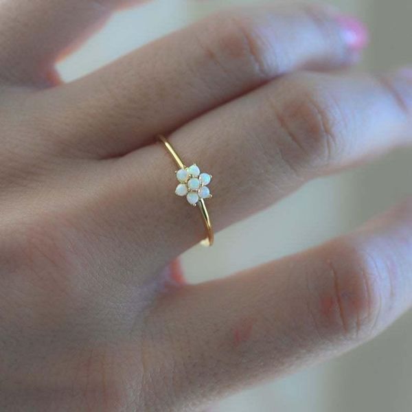 

wedding rings vintage female white opal small ring dainty gold color for women cute bride flower thin engagement, Slivery;golden