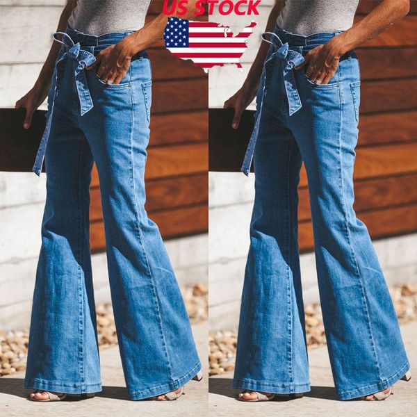 

women's jeans 2021 fashion flare blue women high waist retro bell bottom wide leg denim pants stretch trousers plus size s-2xl