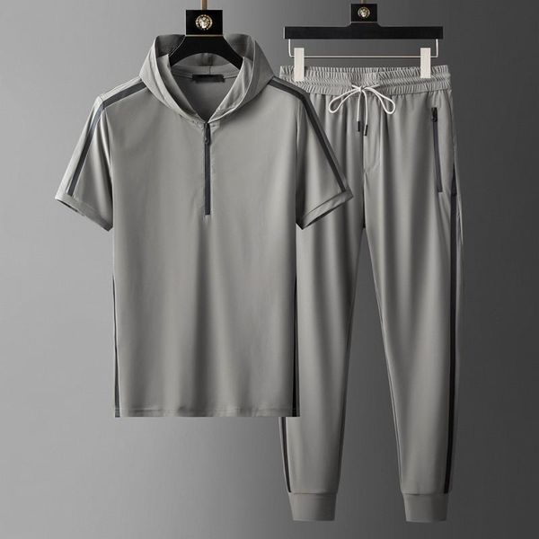 

men's tracksuits minglu hooded mens sets (t-shirt+pants) luxury short sleeve summer thin male fashion slim fit sport casual man 5xl, Gray