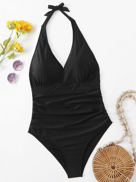 

plus ruched backless halter one piece swimsuit 41sl#, Black