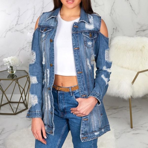 

women's jackets 2021 autumn ripped hole denim jacket women casual jeans coat blue vintage loose punk long plus size outwear coats, Black;brown
