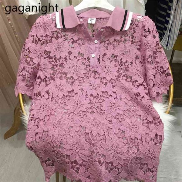 

lace women solid tshirt short sleeve turn down collar hollow out t shirts female summer chic korean outwear tees 210601, White