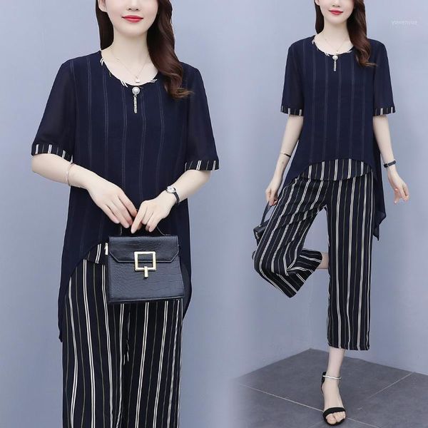 

women's two piece pants plus size women clothing set striped wide leg chiffon ensemble blazer pantalon femme summer suit, White