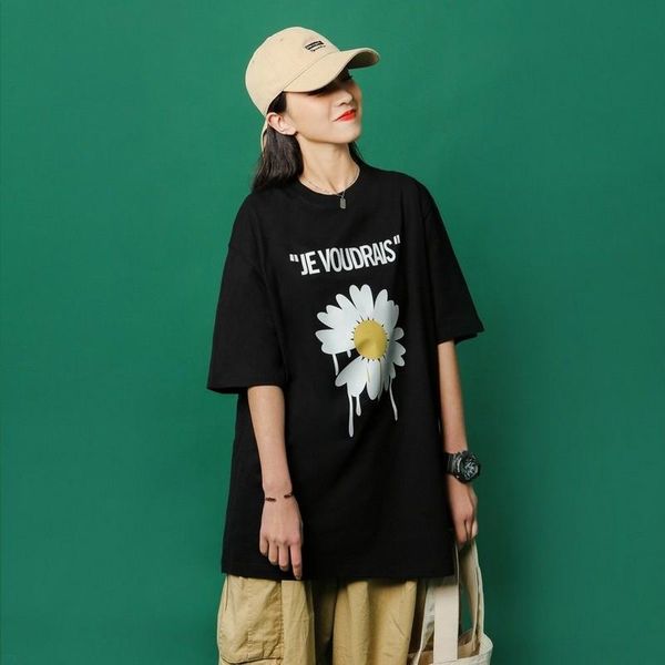 

women's t-shirt floral t shirt print kpop short sleeve streetwear women clothing clothes couple 2021 korean summer o-neck tshirt, White
