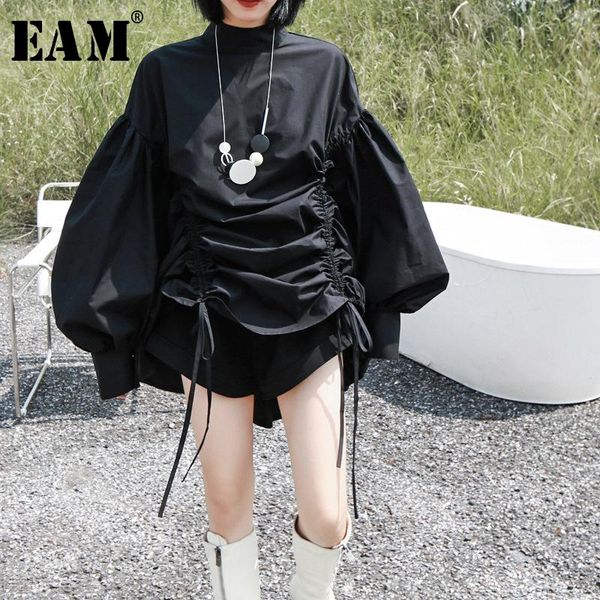 

[eam] women white drawstring big size blouse stand collar long sleeve loose fit shirt fashion tide spring autumn 2021 1z189 women's blo