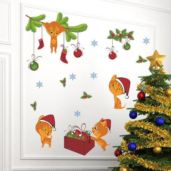

wall stickers cute cats evergreen bough balls snowflakes sticker for home decoration diy christmas festival mural art animal decal