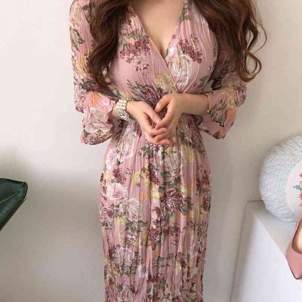 

dresses elegant v-neck floral printed flare sleeve a-line female chiffon vintage women midi vestidos 9u57 32m9, Black;gray