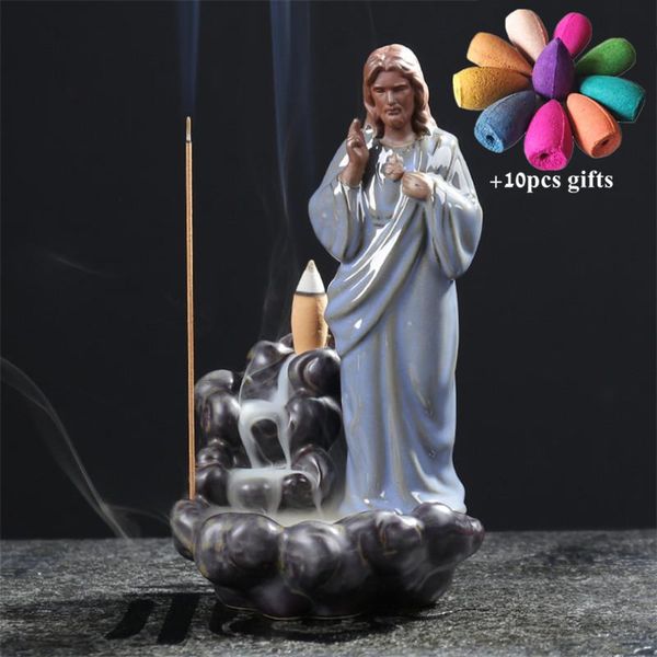 

fragrance lamps ceramic christian backflow incense burner jesus smoke waterfall censer virgin mary stick holder home decor + 10pcs cones