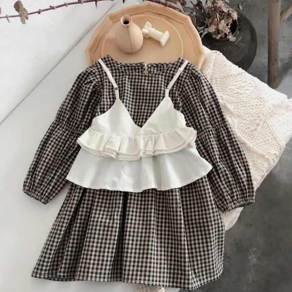 

clothing sets 2021 autumn arrival girls long sleeve plaid suit dress+vest, White