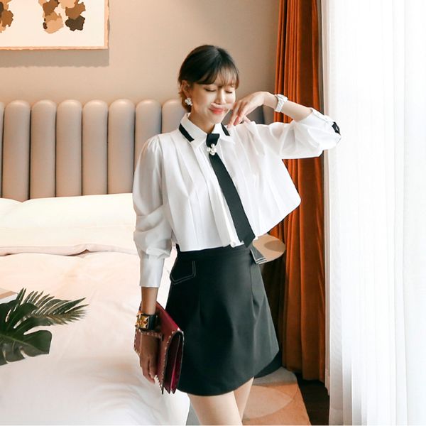 

arrival stylish style outfits women will see lady mini skirt white shirt beautiful two-piece set, Black