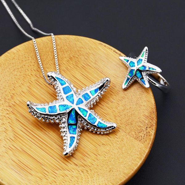 

earrings & necklace blue fire opal starfish jewelry sets ring, Silver