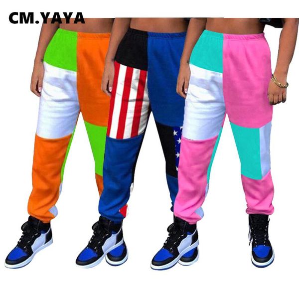 

women's pants & capris cm. autumn spring patchwork amercian flag women high waist activewear pencil trousers sporty jogger sweatpants, Black;white