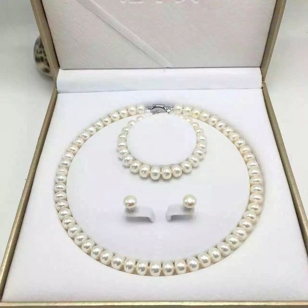 

white pearl necklace bracelet earring jewelry set natural pearls strand withwhite color pearl dia 9-10mm for mother women gift sell, Black