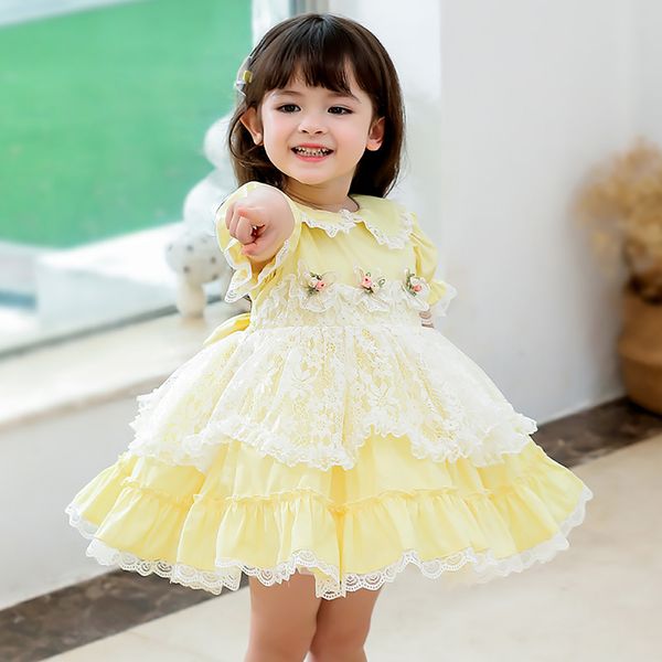 

childrens summer 2021 new girls princess spanish style embroidered round neck lantern short-sleeved dress, Red;yellow