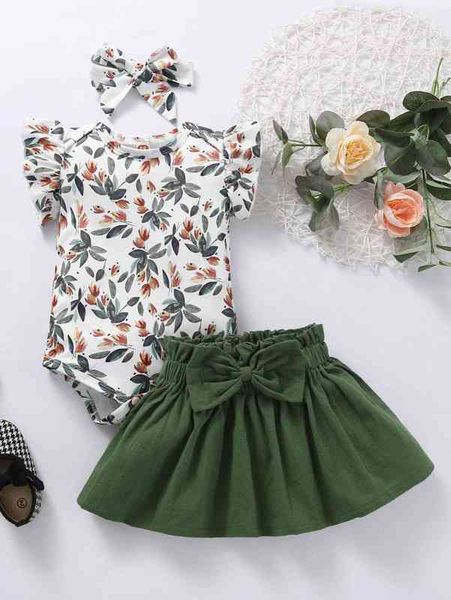 Bebê menina plantas impressão bodysuit bow dianteira saia headband ela