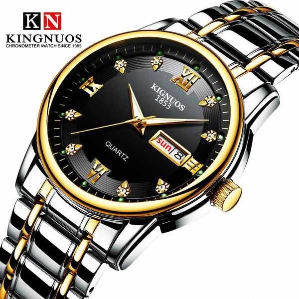 

wristwatches full stainless steel business watch brand kingnuos men wrist watches calendar diamond date waterproof man quartz clock hour, Slivery;brown